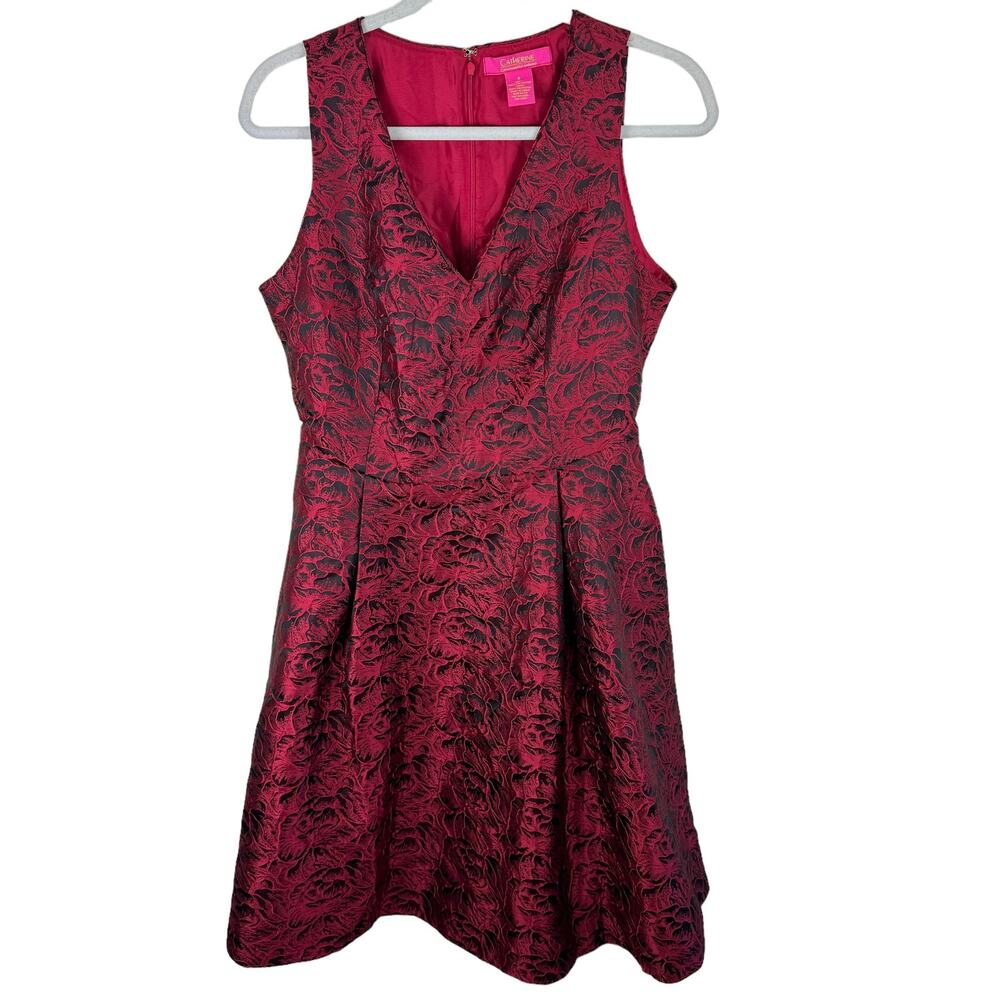 Catherine Malandrino Red Black V-Neck Sleeveless Fit Flare Dress Dark Romantic 8